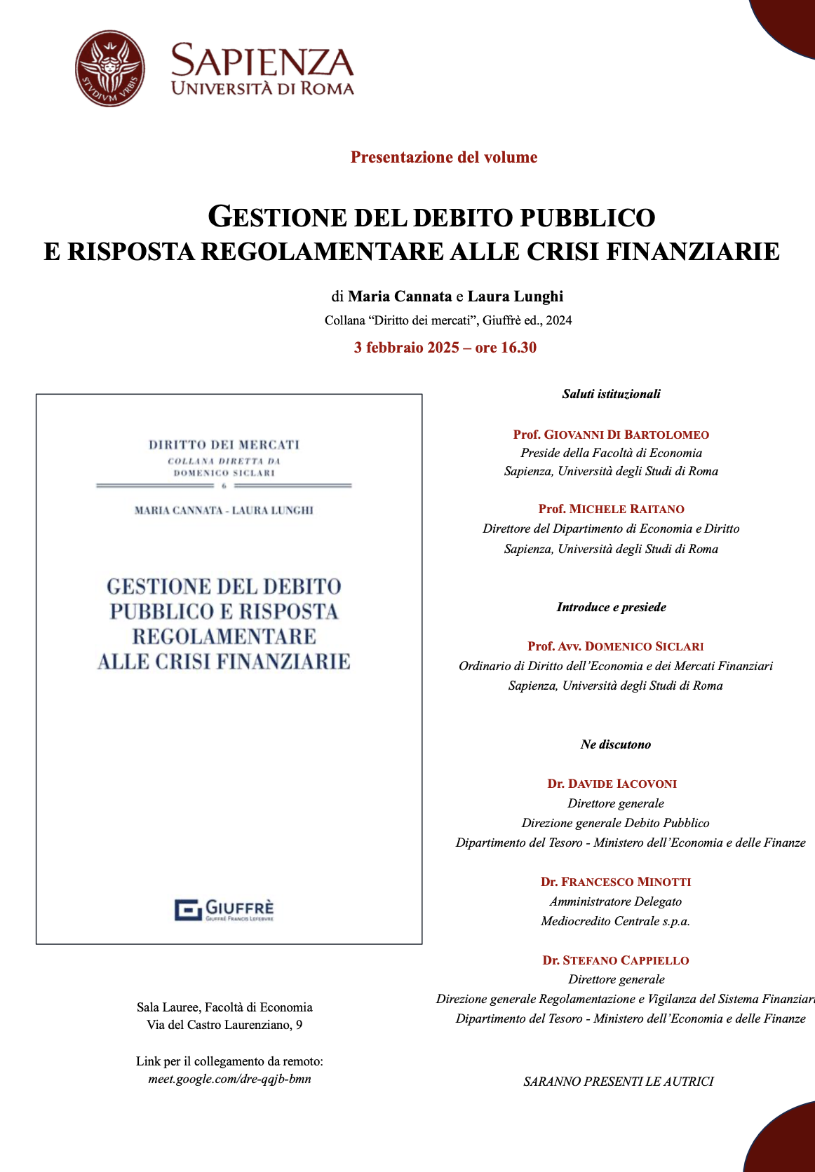 Presentazione del volume: "Gestione del debito pubblico e risposta regolamentare alle crisi finanziarie"